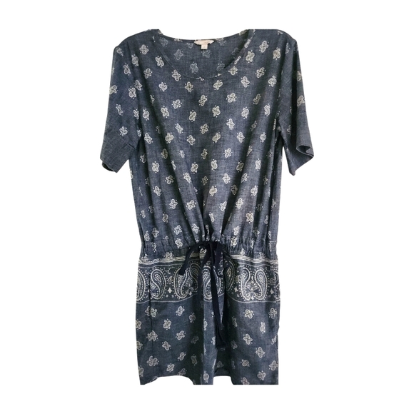 Gap Drawstring Dress Size S Blue Chambray Cotton Paisley Short Sleeves - Picture 1 of 8
